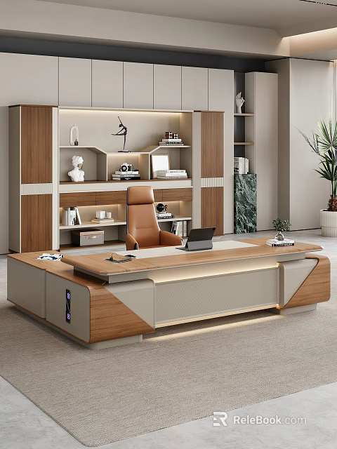 Modern Wooden Office Desk with Leather Chair Laptop Marble Wall Cabinet and Green Plant 3d model 