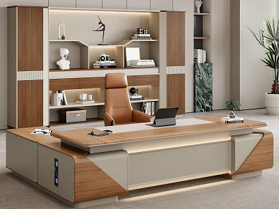 Modern Wooden Office Desk with Leather Chair Laptop Marble Wall Cabinet and Green Plant 3d model