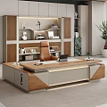 Modern Wooden Office Desk with Leather Chair Laptop Marble Wall Cabinet and Green Plant