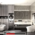 Modern Bathroom Interior With Bathtub Washing Machine Round Mirror And Marble Countertop