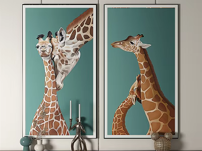 Giraffe Animal Paintings With Green Background Hanging On Wall And Decorative Items 3d model