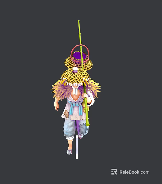 Game Movie Character In Feathered Outfit With Straw Hat Purple Accent Green Staff Blue Pants 3d model 