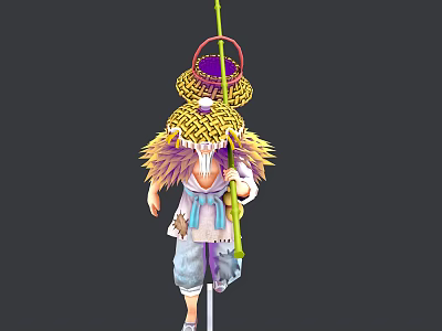 Game Movie Character In Feathered Outfit With Straw Hat Purple Accent Green Staff Blue Pants 3d model