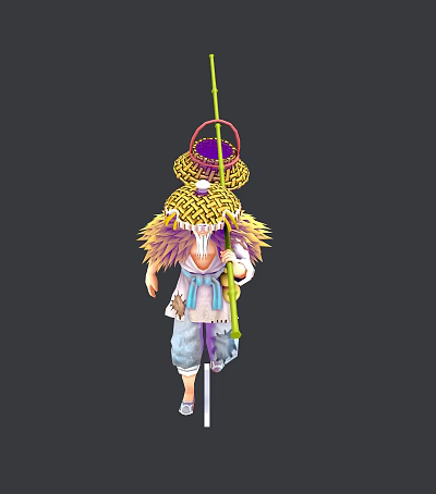 Game Movie Character In Feathered Outfit With Straw Hat Purple Accent Green Staff Blue Pants 3d model