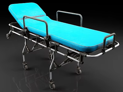Portable Medical Stretcher With Blue Mattress Metal Frame Side Handrails And Wheels 3d model