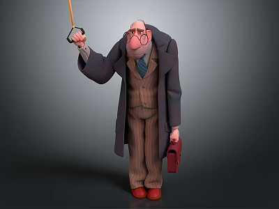 Elderly Male Character in Long Coat Pinstripe Suit With Glasses Umbrella And Red Briefcase 3d model