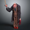 Elderly Male Character in Long Coat Pinstripe Suit With Glasses Umbrella And Red Briefcase