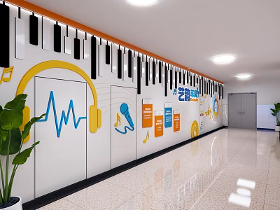School Corridor With Music Notes Headphones And Colorful Educational Wall Art 3d model