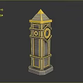Decorative Tower Structure With Golden Spire Gray Layered Body And Circular Decorations