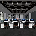 Modern Public Office Space With Hexagonal Ceiling Lights Workstations And Computers 3d model