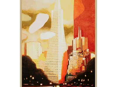 Decorative Cityscape Photo Frame with Skyscrapers Warm Tones and Sunset Scene 3d model
