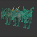 Three Mythical Creature Characters With Horns Spiky Manes And Textured Bodies