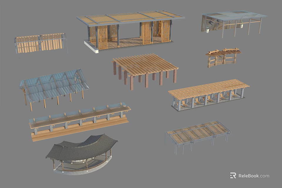 Various Outdoor Pergola Designs With Wooden And Metal Structures For Gardens 3d model 