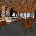 Modern Restaurant Interior With Striped Ceiling Wooden Elements Sofa Seating And Bar Counter