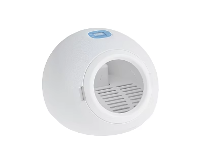 White Round Household Electrical Appliance With Blue Button And Ventilation Grille 3d model