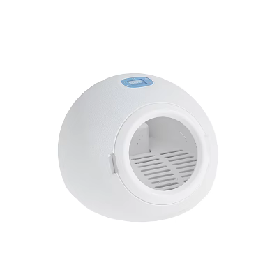 White Round Household Electrical Appliance With Blue Button And Ventilation Grille 3d model