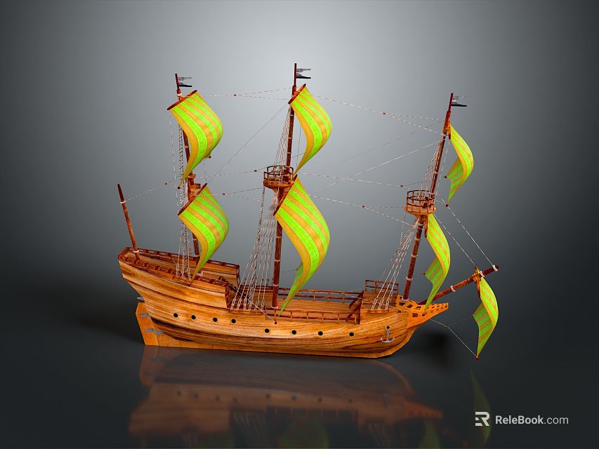 Wooden Sailing Ship Model with Green Sails and Multiple Masts on Smooth Surface with Reflection 3d model 