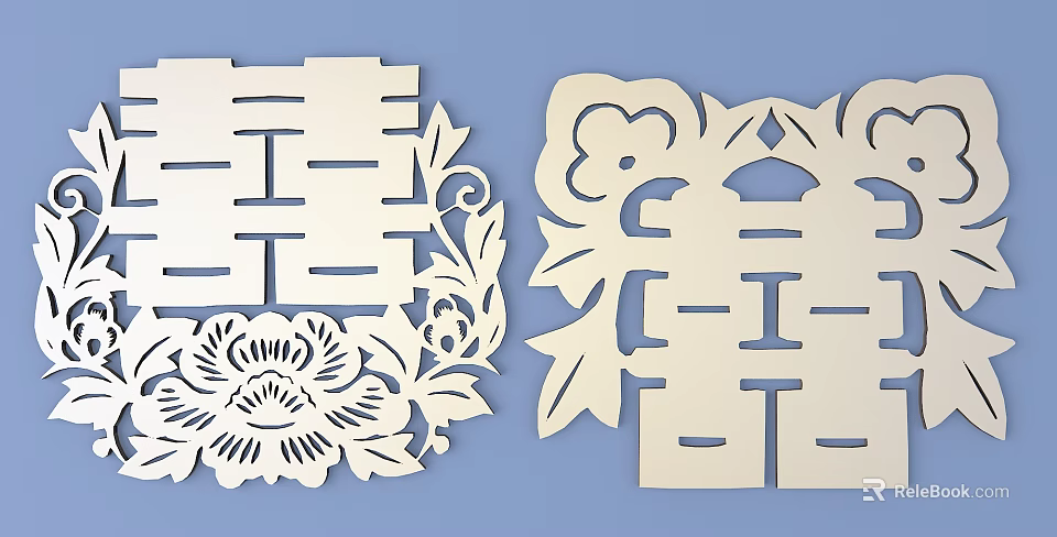Traditional Chinese Carved Double Happiness Symbols with Peony Motifs on Blue Background 3d model 