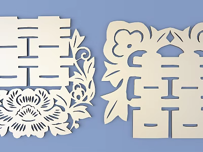Traditional Chinese Carved Double Happiness Symbols with Peony Motifs on Blue Background 3d model