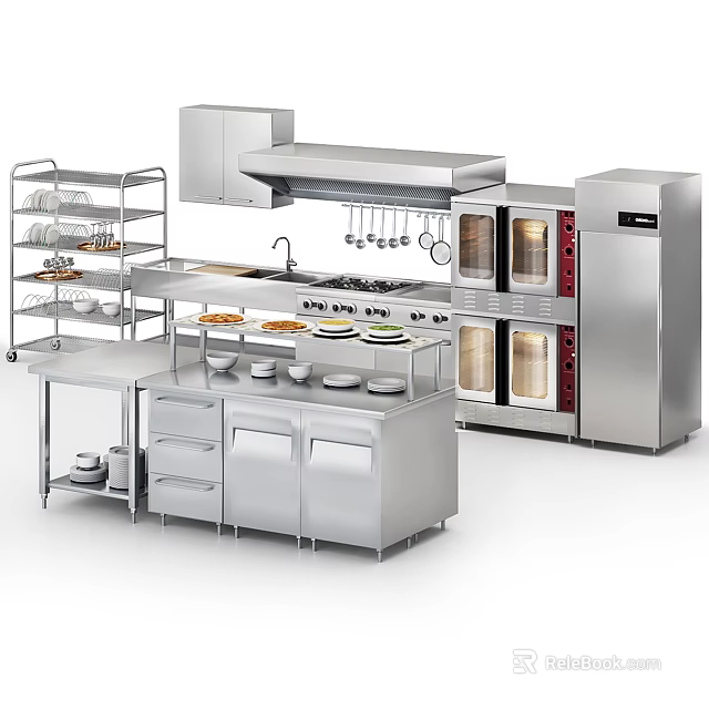 Stainless Steel Modern Kitchen With Multiple Appliances Stove Ovens Refrigerator And Storage Shelving 3d model 