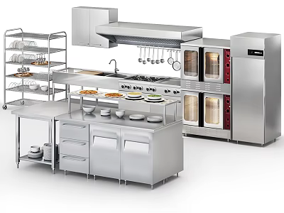 Stainless Steel Modern Kitchen With Multiple Appliances Stove Ovens Refrigerator And Storage Shelving 3d model