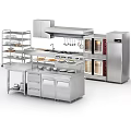 Stainless Steel Modern Kitchen With Multiple Appliances Stove Ovens Refrigerator And Storage Shelving