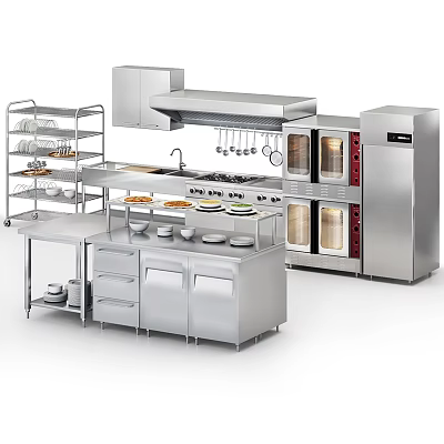 Stainless Steel Modern Kitchen With Multiple Appliances Stove Ovens Refrigerator And Storage Shelving 3d model