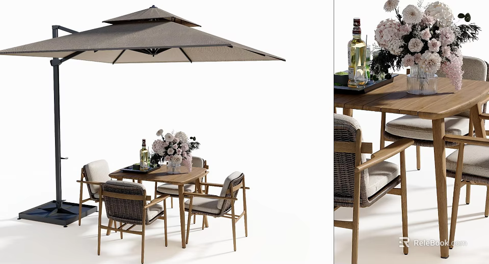 Outdoor Wooden Table And Woven Chair Set With Umbrella Flowers And Decorative Bottles 3d model 