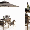 Outdoor Wooden Table And Woven Chair Set With Umbrella Flowers And Decorative Bottles