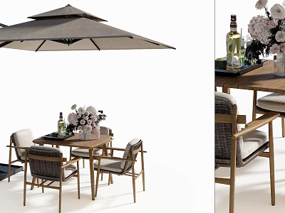Outdoor Wooden Table And Woven Chair Set With Umbrella Flowers And Decorative Bottles 3d model