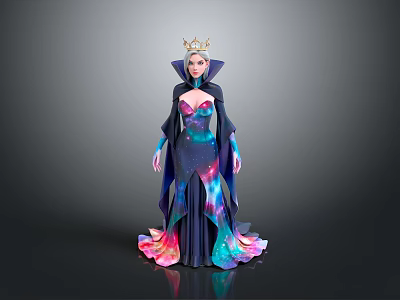 Royal Queen Costume Featuring Crown Dark Robe Starry Design And Colorful Gradient Hem 3d model