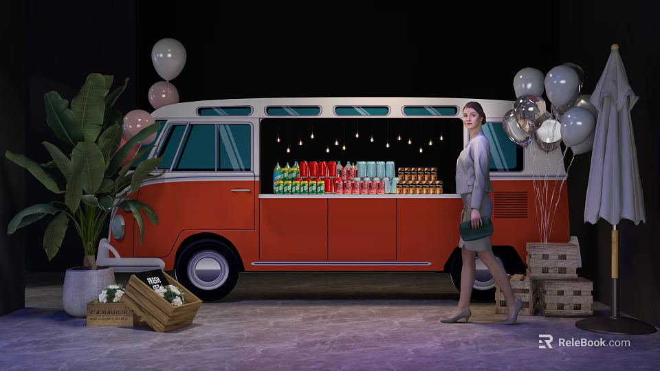 Vibrant Photo Spot With Orange Red Van Drinks Balloons Green Plant And Wooden Crates 3d model 