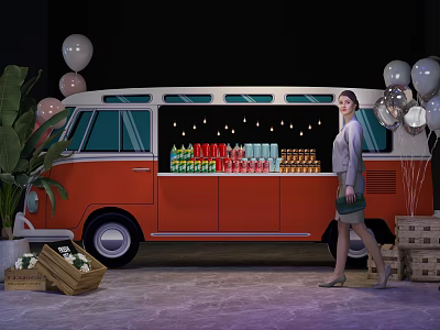 Vibrant Photo Spot With Orange Red Van Drinks Balloons Green Plant And Wooden Crates 3d model