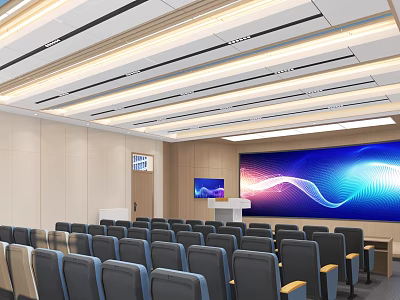 Modern Conference Room Interior With Rows of Gray Chairs Podium Large Screen and Ceiling Lights 3d model