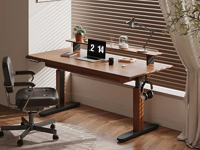 Adjustable Wooden Desk With Laptop Desk Lamp Potted Plant Headphones And Office Chair 3d model