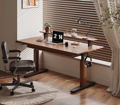 Adjustable Wooden Desk With Laptop Desk Lamp Potted Plant Headphones And Office Chair 3d model