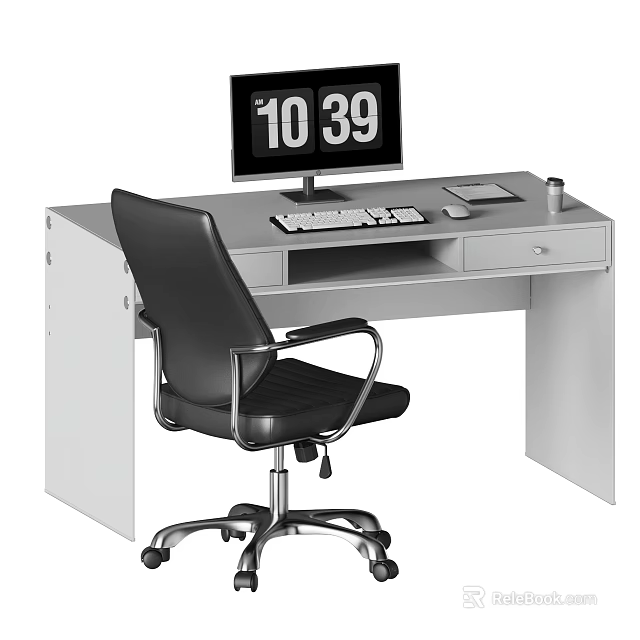Modern Home Office Desk And Chair Set With Computer Monitor Keyboard Mouse And Water Cup 3d model 