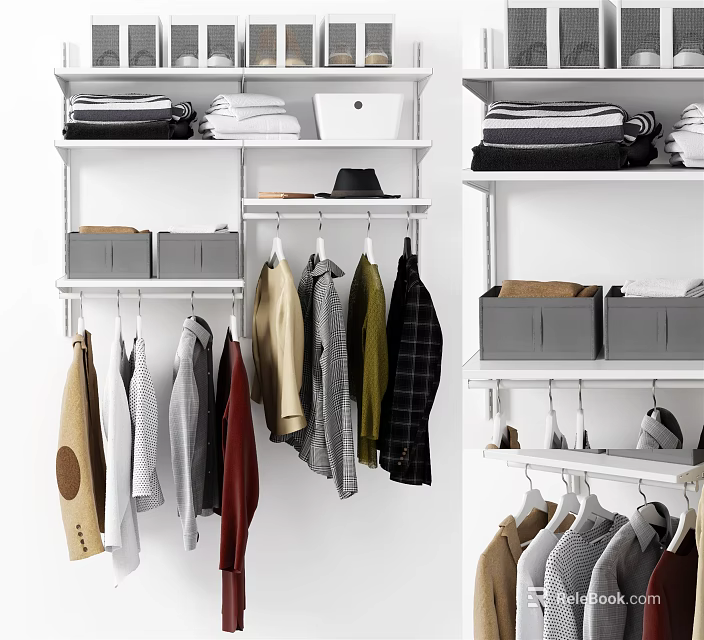 Organized Wardrobe With Wall Cabinets Hanging Clothes And Storage Boxes 3d model