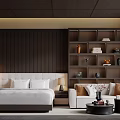 Hotel Guest Room With Dark Wooden Decor Large Bed And Floor to Ceiling Windows View