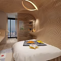 Modern Hotel Room Interior With Wooden Curved Walls Bed Decorative Carpet Artwork and Pendant Light