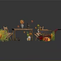 Autumn Themed Outdoor Seating Area With Wooden Table Chairs Wheelbarrow And Plants