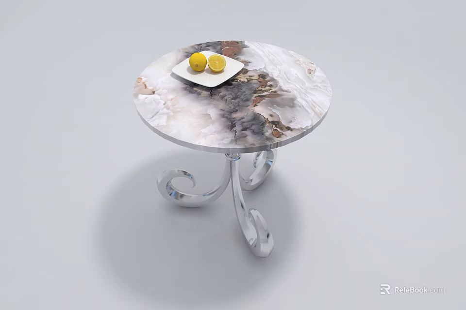 Round Marble Top Coffee Table with Silver Metal Legs and Two Lemons on White Plate 3d model 