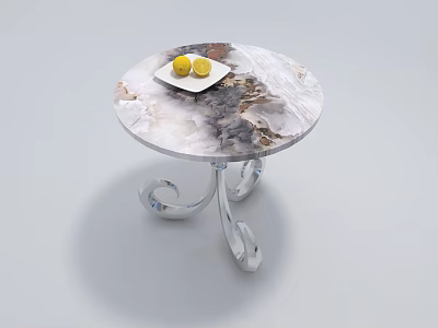 Round Marble Top Coffee Table with Silver Metal Legs and Two Lemons on White Plate 3d model