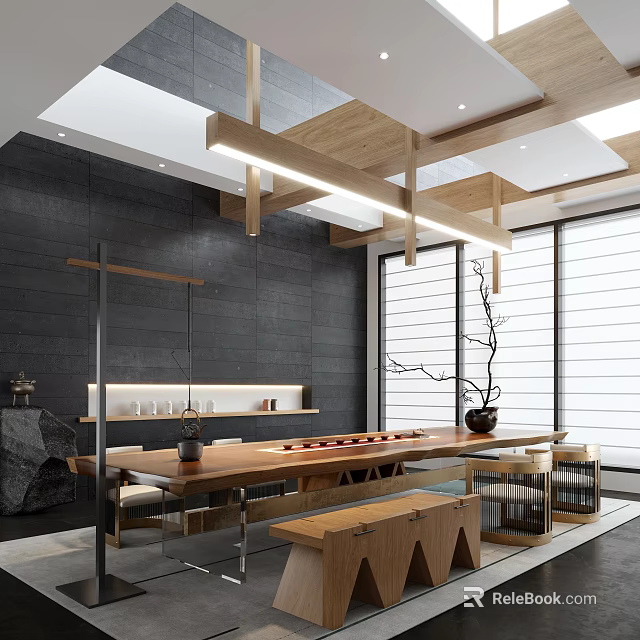 Modern Tea Room With Wooden Table And Minimalist Decor 3d model 