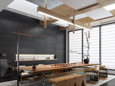 Modern Tea Room With Wooden Table And Minimalist Decor 3d model