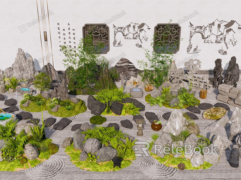 Landscape stone stone rockery rubble micro-terrain courtyard sketch plant combination model