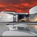 Modern Building With Flex Signage And Red Sky Over Outdoor Cube Seats