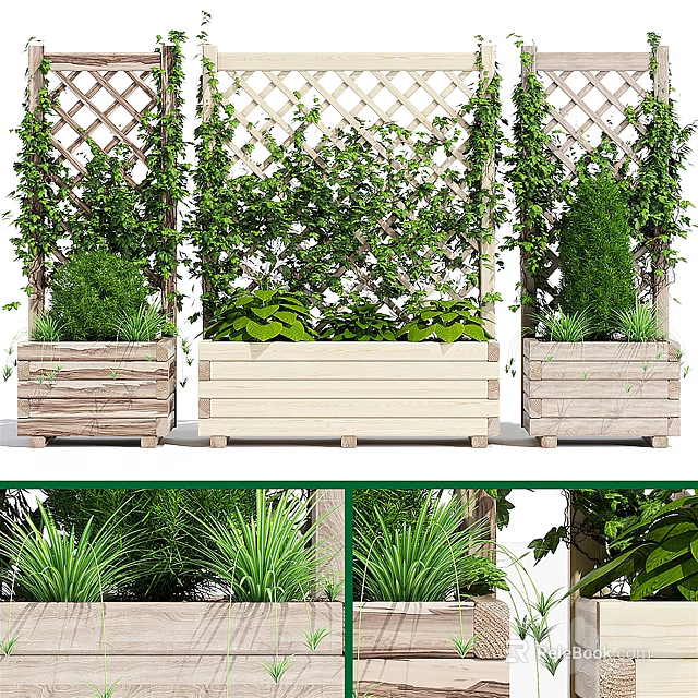 Lush Vines Climbing on Wooden Trellis with Planters and Greenery Arrangement 3d model 