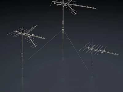 Three Different Sizes Metal Industrial Chandeliers With Support Rods And Crossbars On Dark Background 3d model