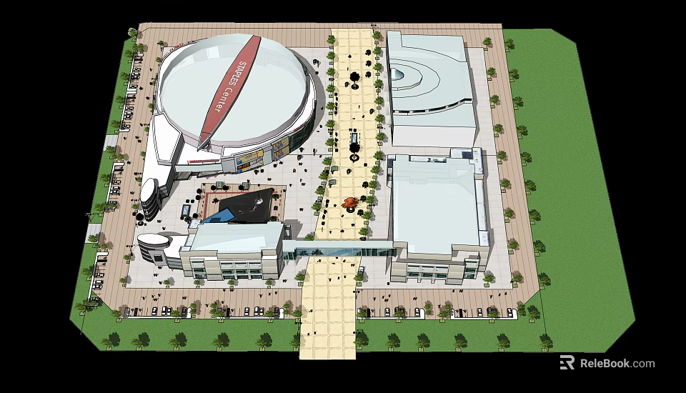Modern Commercial Street Layout With Large Buildings Pedestrian Walkway And Central Plaza 3d model 